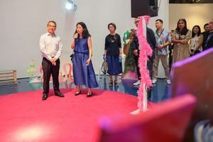 Binna Choi, Co-Artistic Director of SB2022 with Mr Edwin Tong, Minister for Culture, Community and Youth and Second Minister for Law. Singapore Biennale 2022: _Natasha_ (16 October 2022–19 March 2023). Courtesy Singapore Art Museum.